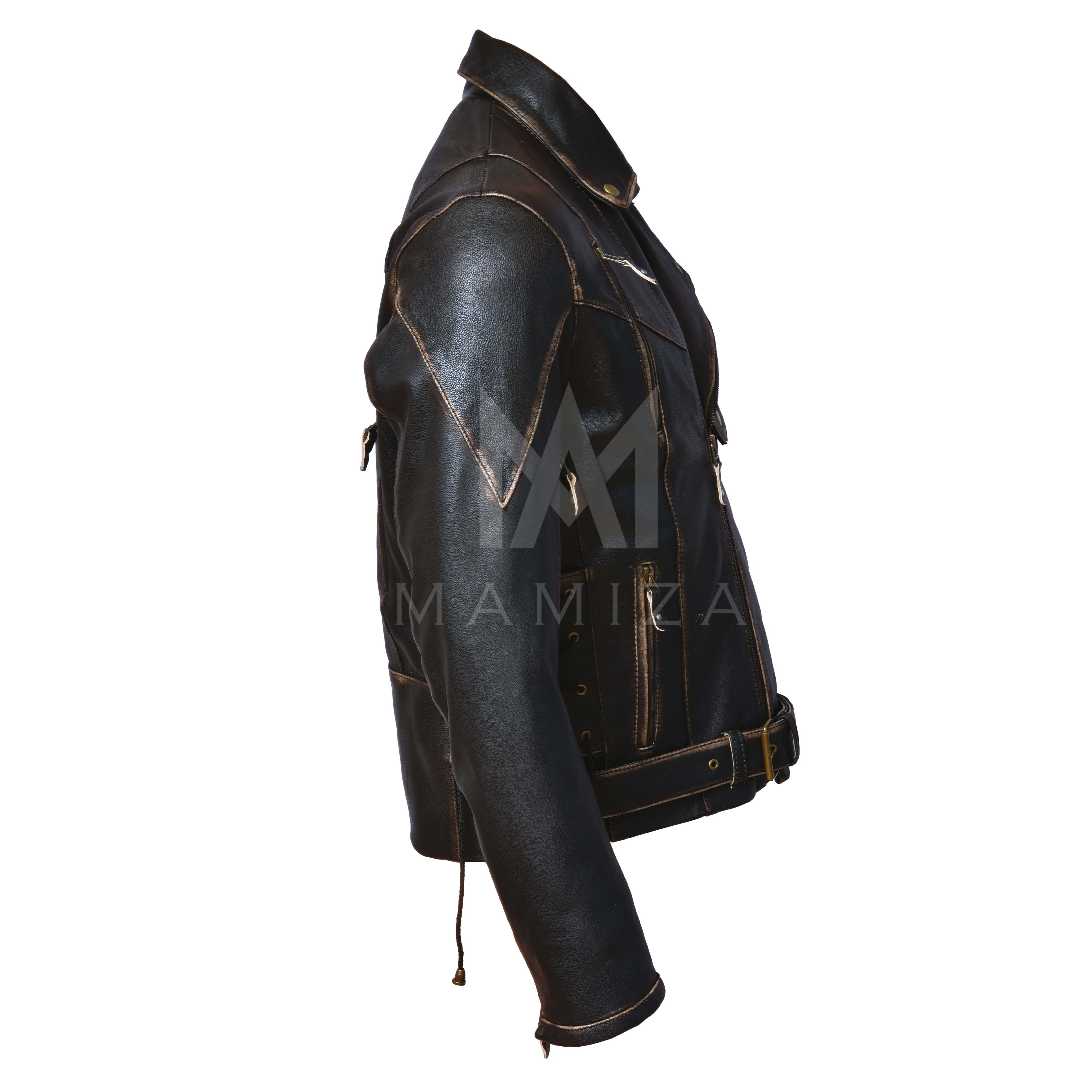 Distressed Leather Motorcycle Jacket - Vintage Style