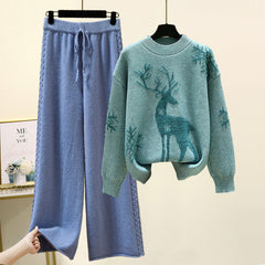 Cozy Winter Deer Print Sweater and Knit Palazzo Pant Set