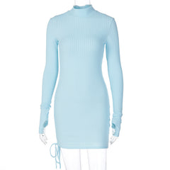 Elegant Ribbed Knit Mock Neck Mini Dress with Dramatic Sleeves