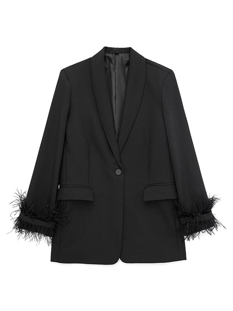 Women's Black Blazer with Feather Detail Cuffs - Elegant & Stylish