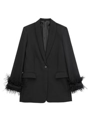 Women's Black Blazer with Feather Detail Cuffs - Elegant & Stylish