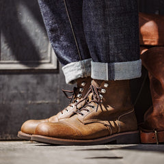 Rugged Leather Lace-Up Boots with Distressed Finish