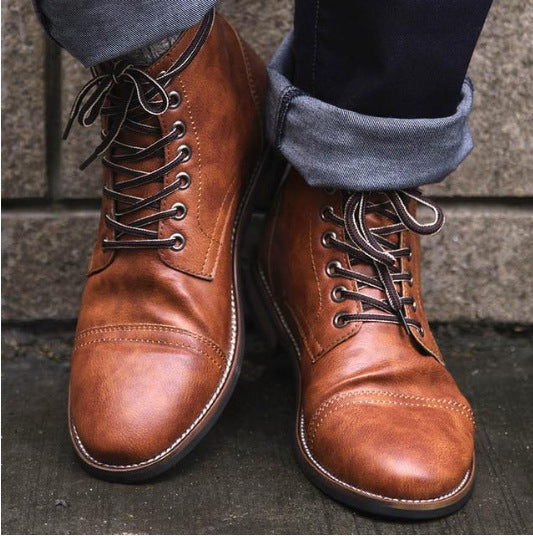 Rugged Leather Lace-Up Ankle Boots with Sturdy Sole