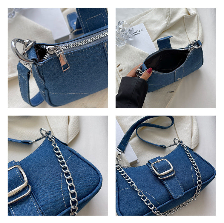 Chic Denim Crossbody Bag with Chain Strap