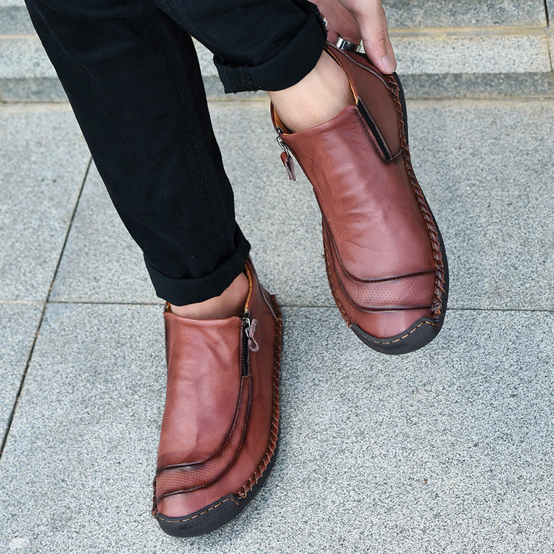 Rugged Leather Ankle Boots with Zipper Detail and Lugged Sole