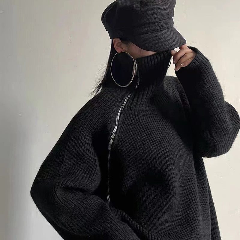 Cozy Oversized Ribbed Knit Turtleneck Pullover Sweater with Zippered Side Vents