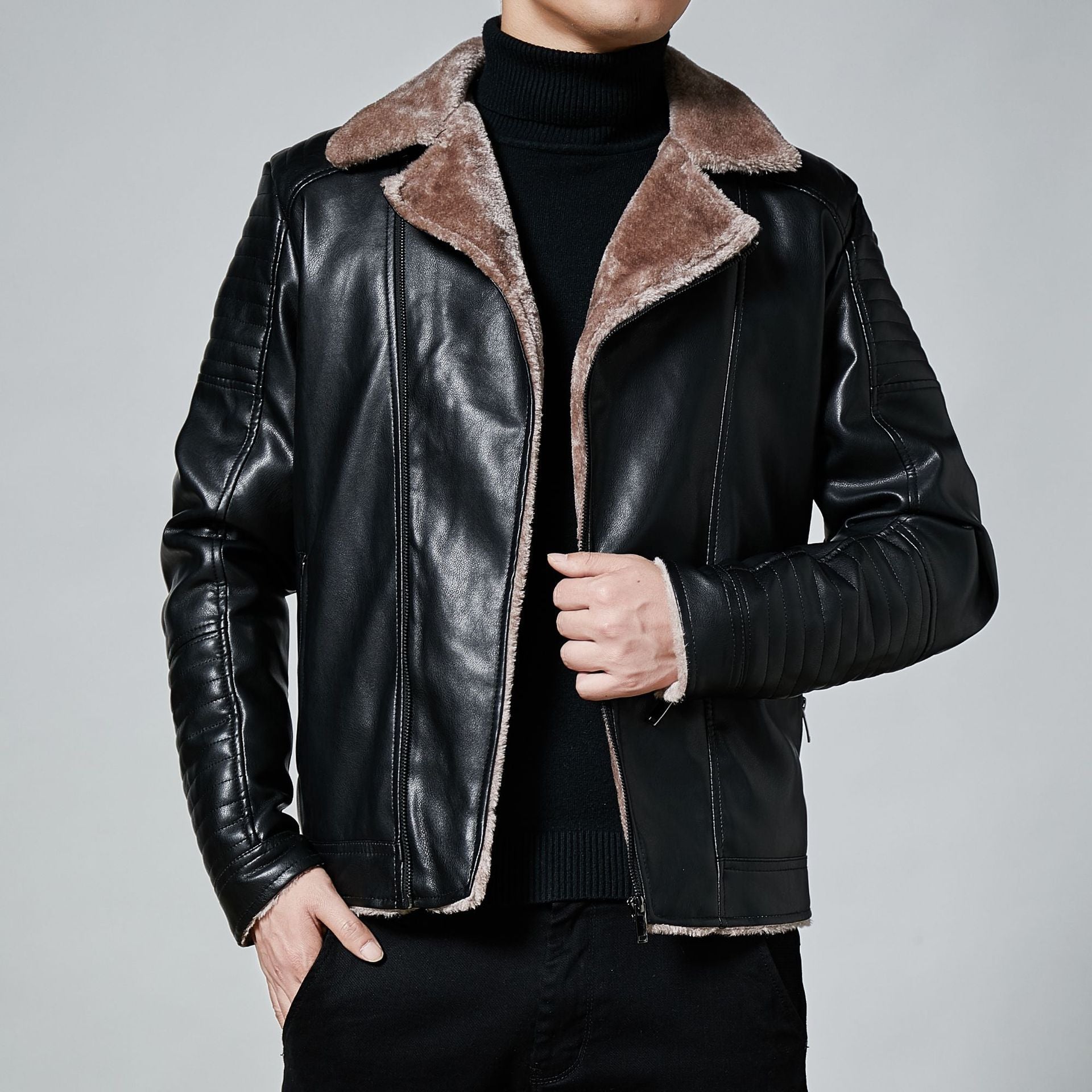 Men's Faux Shearling Leather Jacket - Warm Winter Biker Style