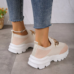 Platform Slip on Sneakers - Casual Knit with Chain Accent