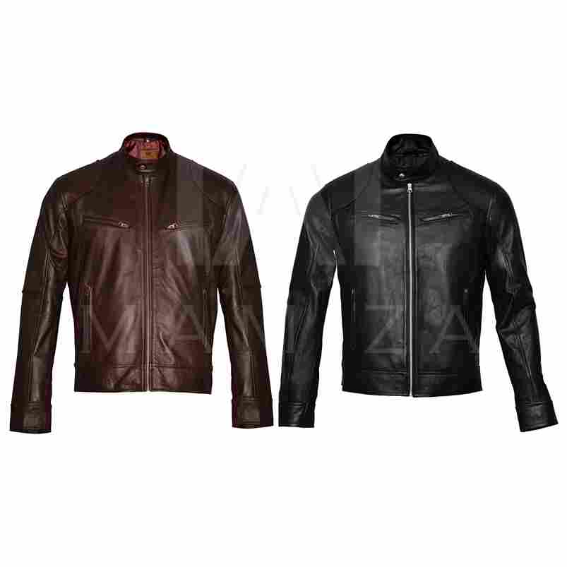 Men's Classic Cafe Racer Leather Jacket - Black and Brown Accent