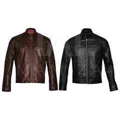 Men's Classic Cafe Racer Leather Jacket - Black and Brown Accent