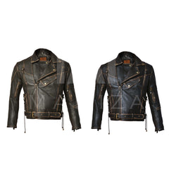 Distressed Leather Motorcycle Jacket - Vintage Style