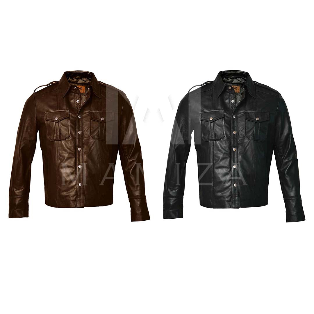 Men's Leather Shirt Jacket in Brown and Black – Stylish and Versatile Outerwear