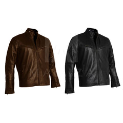 Men's Leather Jacket with Stand-Up Collar - Brown and Black