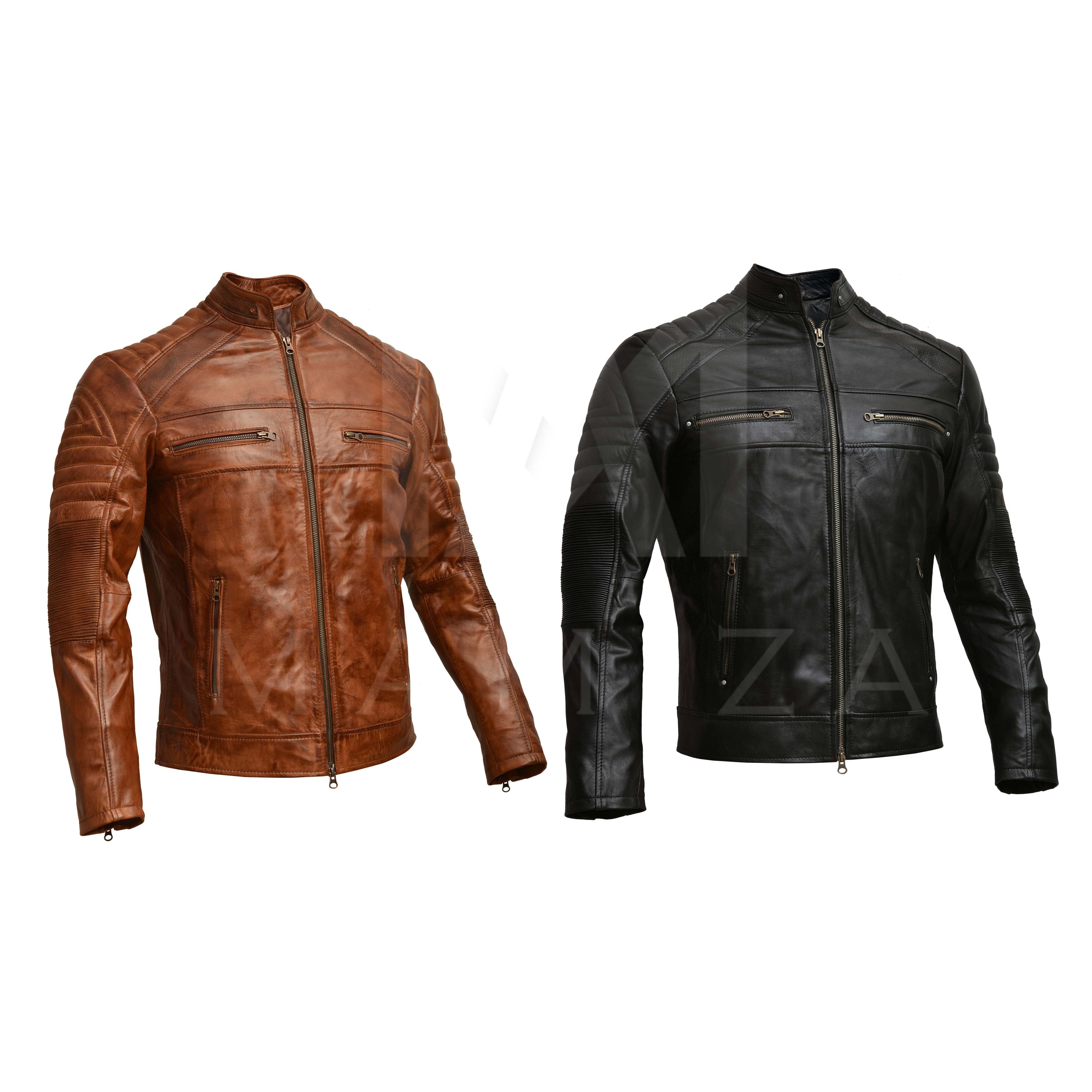 Men's Cafe Racer Leather Jacket - Vintage Brown & Classic Black