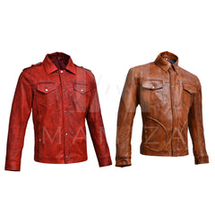 Vintage Inspired Leather Jacket - Men's Jacket with Button Down Collar